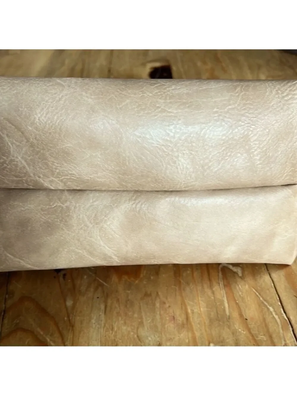 𝅺anthropologie tan faux leather cosmetic case make up bag clutch carryall
